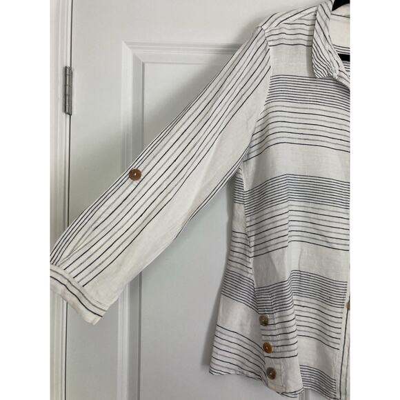 John Mark Stripe Linen Roll Tab Collared Button Down Lagenlook Shirt Blouse Med - Picture 4 of 10